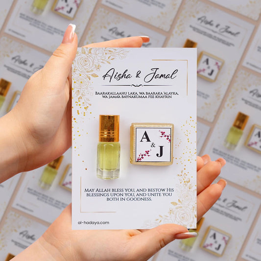 Personalized Ittar and Chocolate Nikah Favors Card with Custom Names and Initials