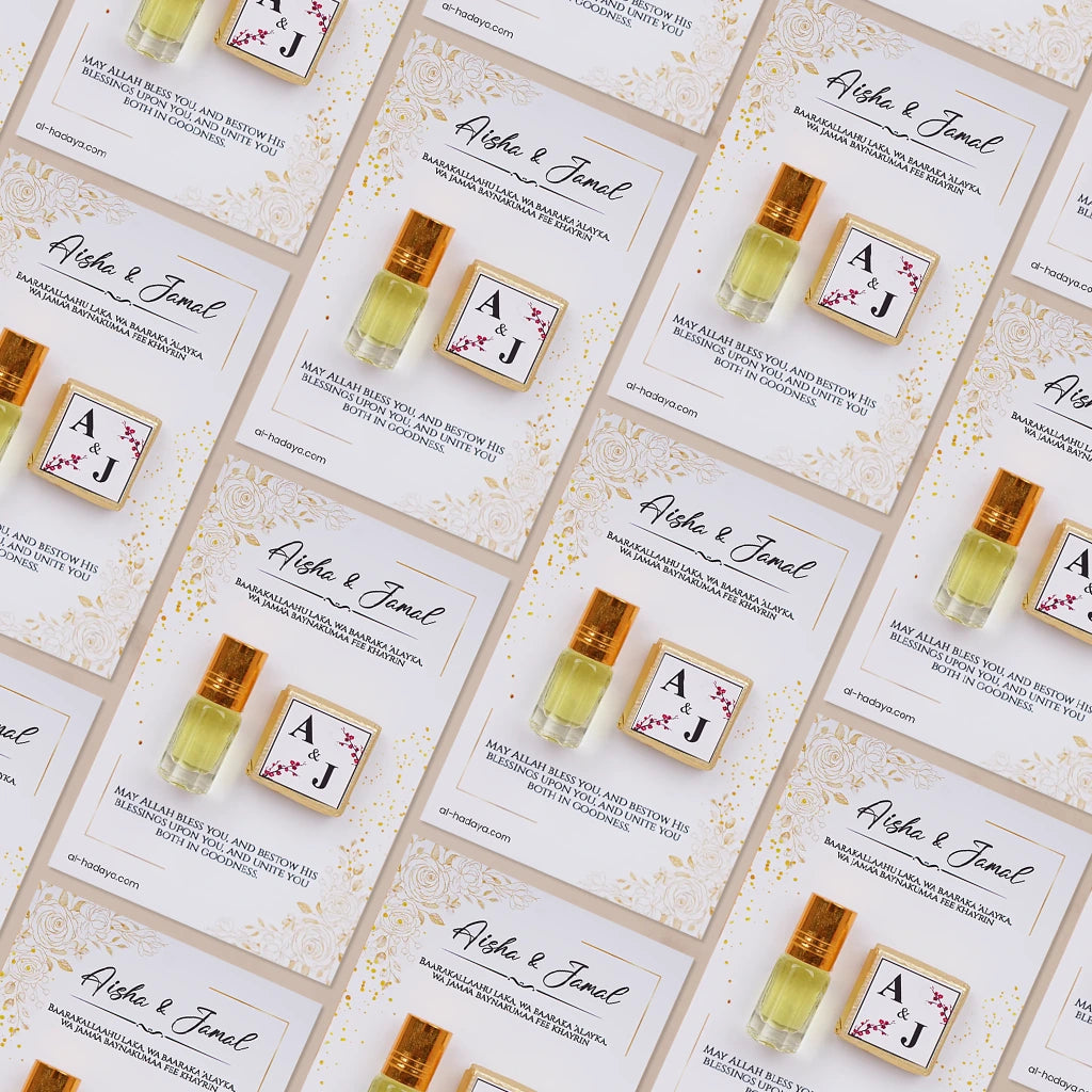 Personalized Ittar and Chocolate Nikah Favors Card with Custom Names and Initials