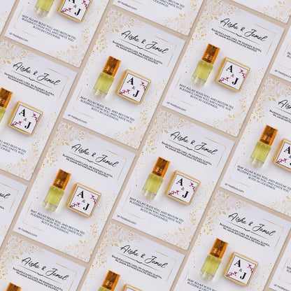 Personalized Ittar and Chocolate Nikah Favors Card with Custom Names and Initials