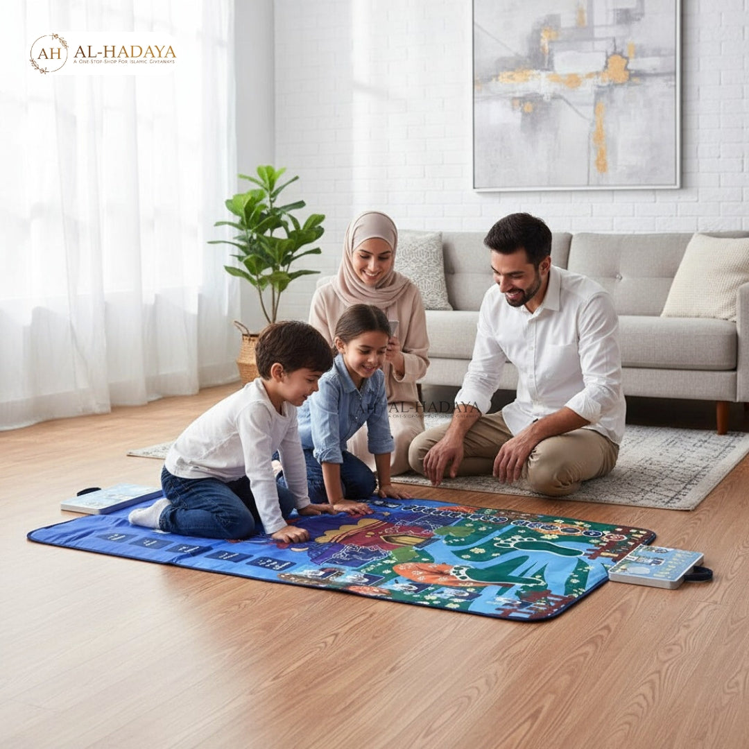 Foldable smart Salah mat for children, teaching Wudhu, Surahs, and prayer actions.
