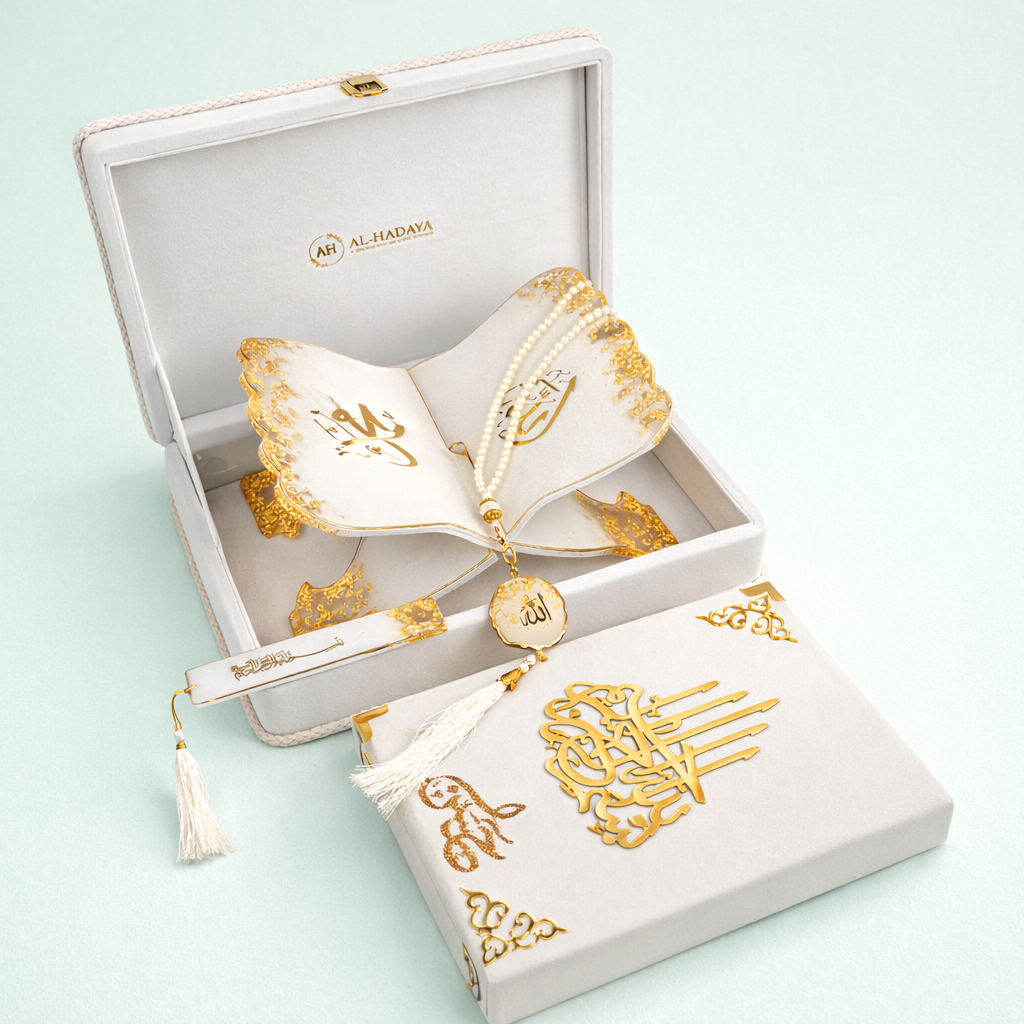 Classic White Quran Hamper with Rehal | Premium Velvet