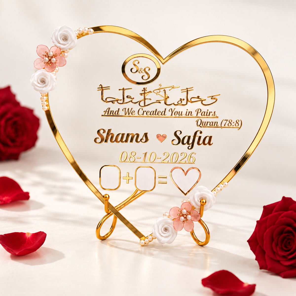 A heart-shaped gold acrylic plaque with custom laser-engraved text and decorative pink and white flowers, styled with red roses and rose petals on a white surface.