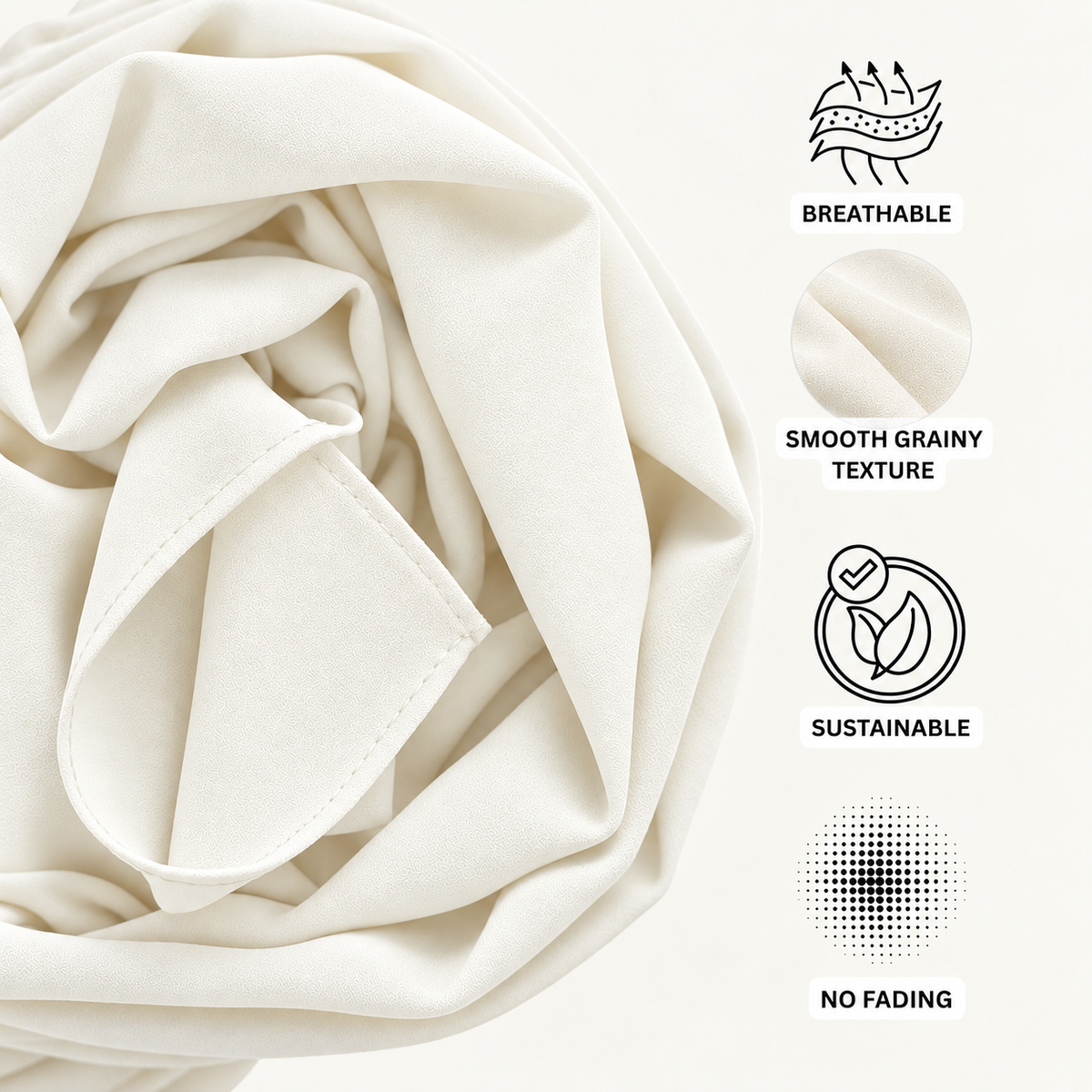 Close-up of cream-colored fabric with a smooth grainy texture, shown with black line icons and text highlighting features: breathable, smooth grainy texture, sustainable, and no fading.