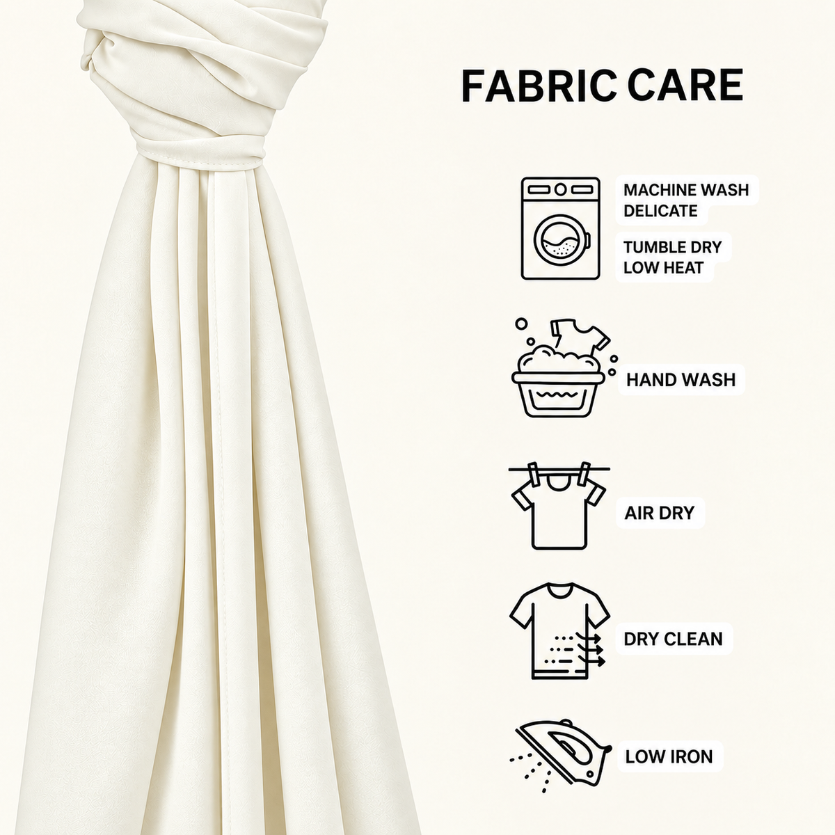An off-white fabric curtain panel tied at the top left, shown next to a 'FABRIC CARE' infographic with icons and text for machine wash, hand wash, air dry, dry clean, and low iron.