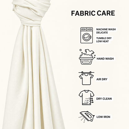 An off-white fabric curtain panel tied at the top left, shown next to a 'FABRIC CARE' infographic with icons and text for machine wash, hand wash, air dry, dry clean, and low iron.