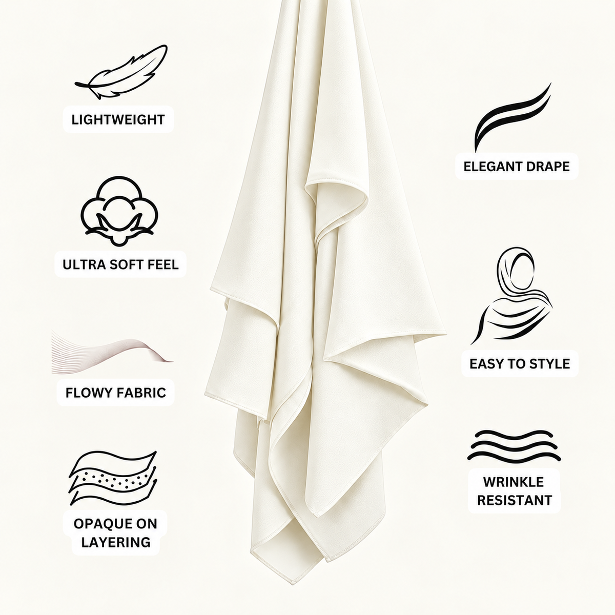 An off-white/cream lightweight fabric, likely a scarf or hijab, is shown hanging in the center with black line icons and text listing product benefits such as lightweight, elegant drape, ultra soft feel, flowy fabric, easy to style, opaque on layering, and wrinkle resistant.