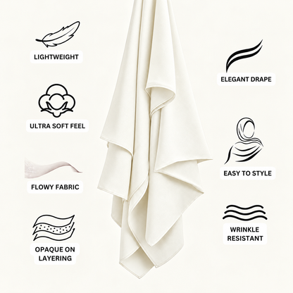 An off-white/cream lightweight fabric, likely a scarf or hijab, is shown hanging in the center with black line icons and text listing product benefits such as lightweight, elegant drape, ultra soft feel, flowy fabric, easy to style, opaque on layering, and wrinkle resistant.