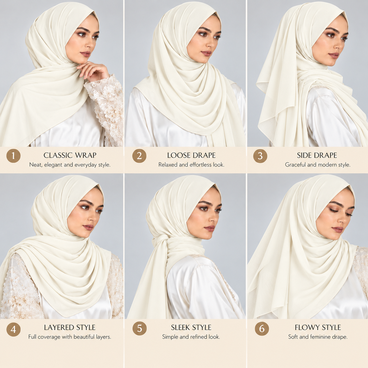 Six-panel guide showing a model wearing an off-white hijab in different styling styles: Classic Wrap, Loose Drape, Side Drape, Layered Style, Sleek Style, and Flowy Style, each labeled with text on a light beige background.