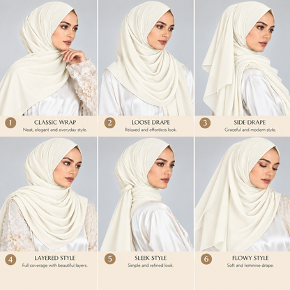 Six-panel guide showing a model wearing an off-white hijab in different styling styles: Classic Wrap, Loose Drape, Side Drape, Layered Style, Sleek Style, and Flowy Style, each labeled with text on a light beige background.