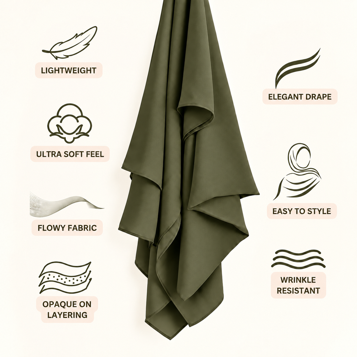 An olive green draped fabric, likely a hijab or scarf, shown against a light cream background with feature callouts and icons for lightweight, elegant drape, soft feel, flowy fabric, easy to style, opaque on layering, and wrinkle resistant.
