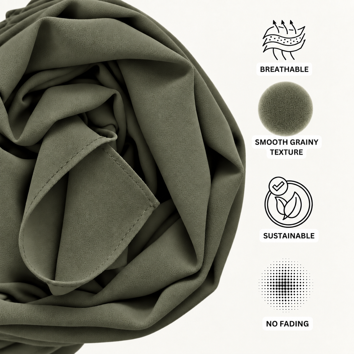 An olive green fabric product, likely a sheet or duvet cover, shown in a close-up with feature callouts on the right. The text and icons highlight its breathable, smooth grainy texture, sustainable quality, and no-fading properties.