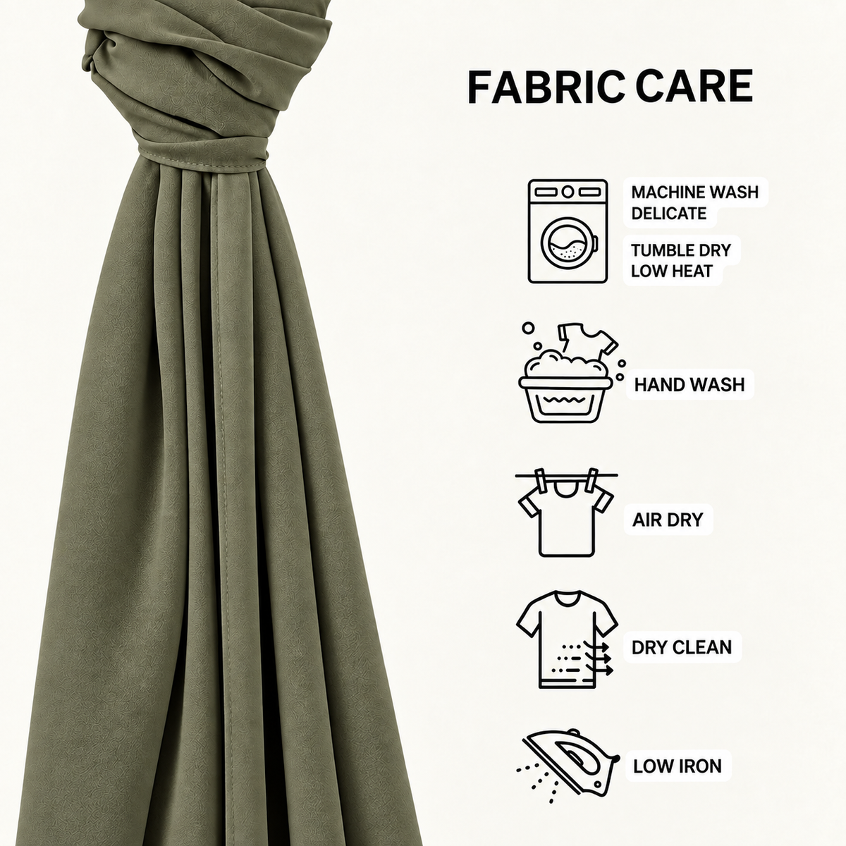 An olive green curtain panel is shown on the left side, gathered at the top, with a 'FABRIC CARE' infographic on the right detailing washing and drying instructions with simple line icons.