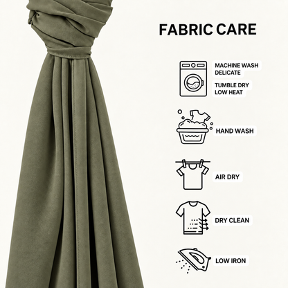 An olive green curtain panel is shown on the left side, gathered at the top, with a 'FABRIC CARE' infographic on the right detailing washing and drying instructions with simple line icons.