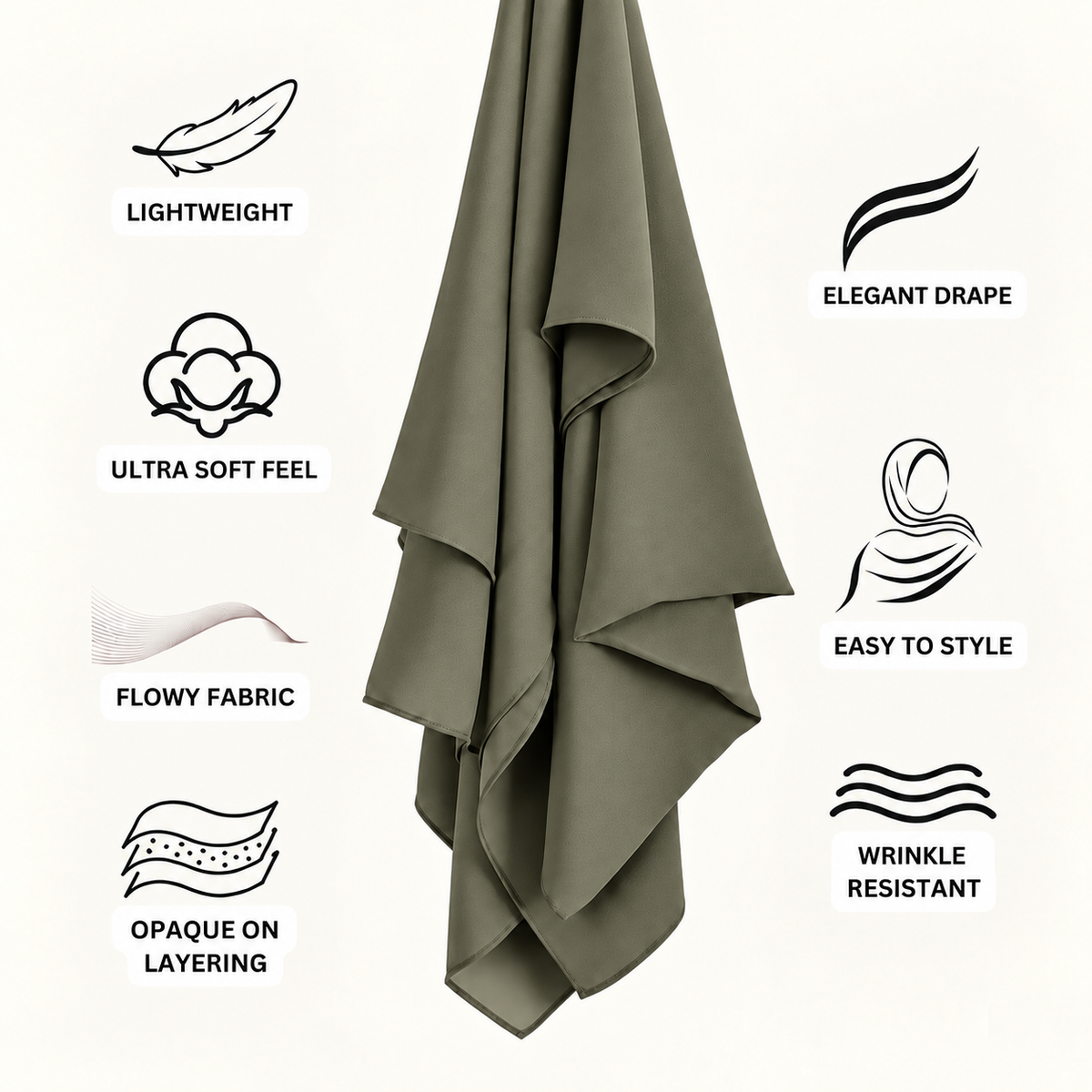 An olive green draped fabric, likely a hijab or scarf, shown against a light cream background with black feature icons and text highlighting qualities such as lightweight, elegant drape, ultra soft feel, flowy fabric, easy to style, opaque on layering, and wrinkle resistant.