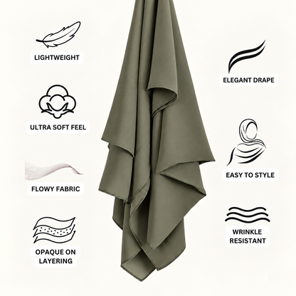 An olive green draped fabric, likely a hijab or scarf, shown against a light cream background with black feature icons and text highlighting qualities such as lightweight, elegant drape, ultra soft feel, flowy fabric, easy to style, opaque on layering, and wrinkle resistant.