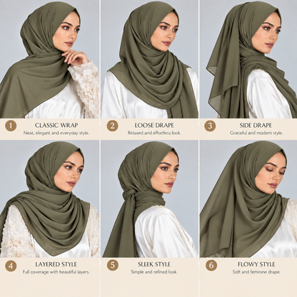 A six-panel comparison graphic showing a model wearing an olive green hijab in different styles, labeled Classic Wrap, Loose Drape, Side Drape, Layered Style, Sleek Style, and Flowy Style, on a light gray background with beige text boxes at the bottom.