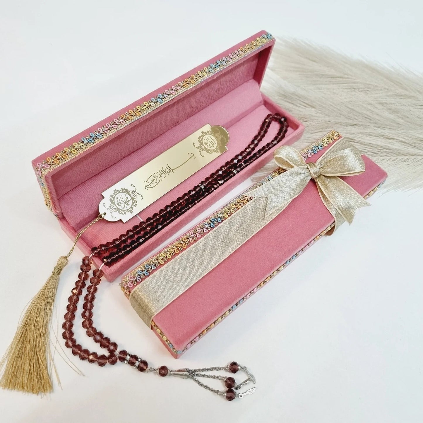 pastel pink Luxe Velvet Box with black crystal tasbih and silver Bismillah bookmark, perfect Muslim favor gift.