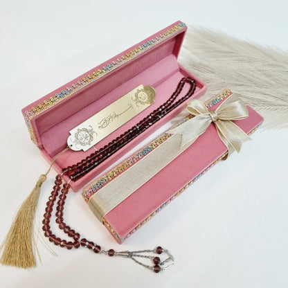 pastel pink Luxe Velvet Box with black crystal tasbih and silver Bismillah bookmark, perfect Muslim favor gift.