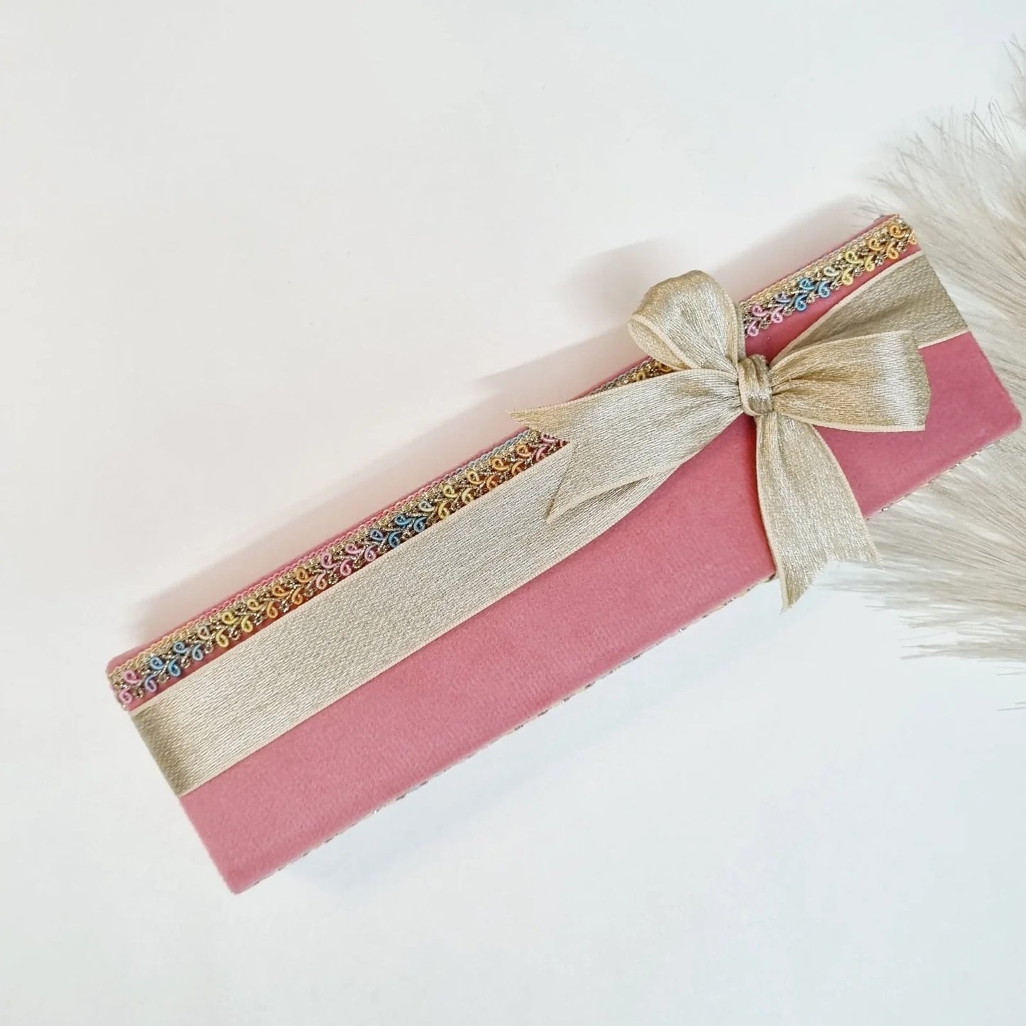 pastel pink velvet keepsake box with crystal tasbih 99 beads and golden engraved Bismillah bookmark.