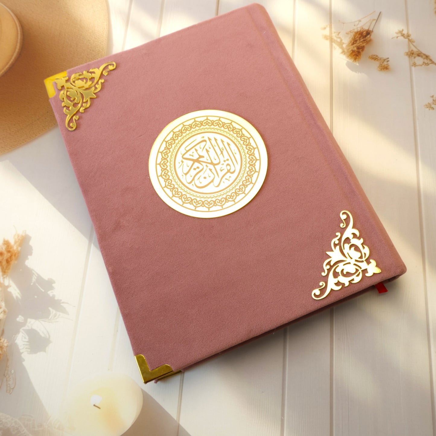 pastel pink velvet covered quran al kareem