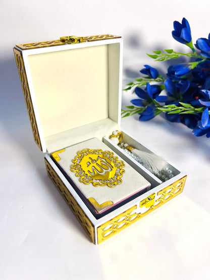pearl white mini quran acrylic calligraphy with golden box