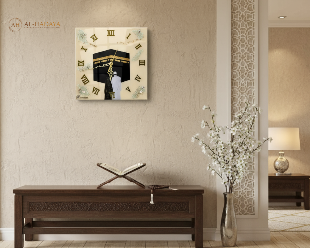Handmade personalised Kaaba couple wall clock 12x12 inch, resin Islamic art with natural stones, customisable names and dates, perfect Islamic wedding or anniversary gift.