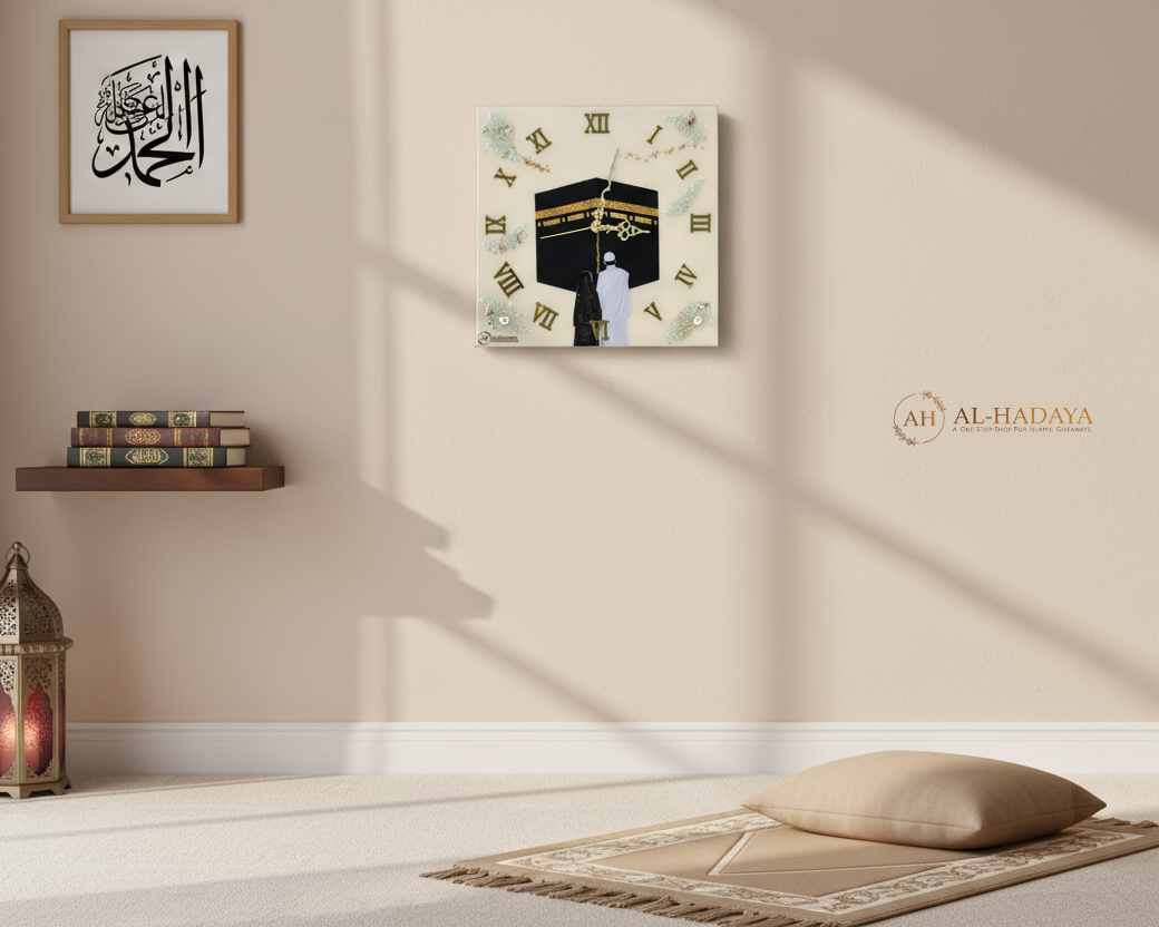 Handmade personalised Kaaba couple wall clock 12x12 inch, resin Islamic art with natural stones, customisable names and dates, perfect Islamic wedding or anniversary gift.