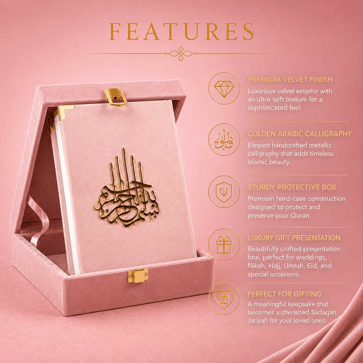 A pink velvet keepsake box with a gold clasp, shown open with a white insert featuring gold Arabic calligraphy. The image includes a 'FEATURES' section with text highlighting premium velvet finish, golden calligraphy, sturdy protective box, luxury gift presentation, and suitability for gifting, all on a pink background.