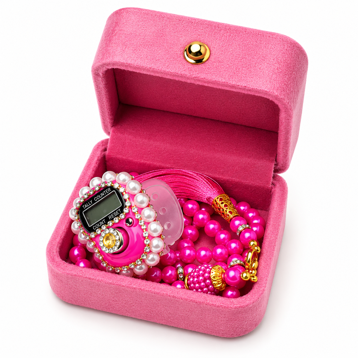 Pink velvet set with digital tally counter and beads in an open pink  box on a white background