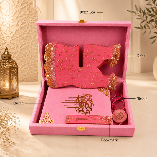 Blush Pink Couple Quran Hamper | Personalized Resin Islamic Gift Set with Couple Janamz