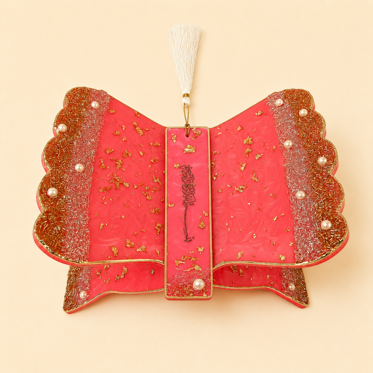 Premium Blush Pink Resin Art Quran Stand (Rehal) with Matching Bookmark