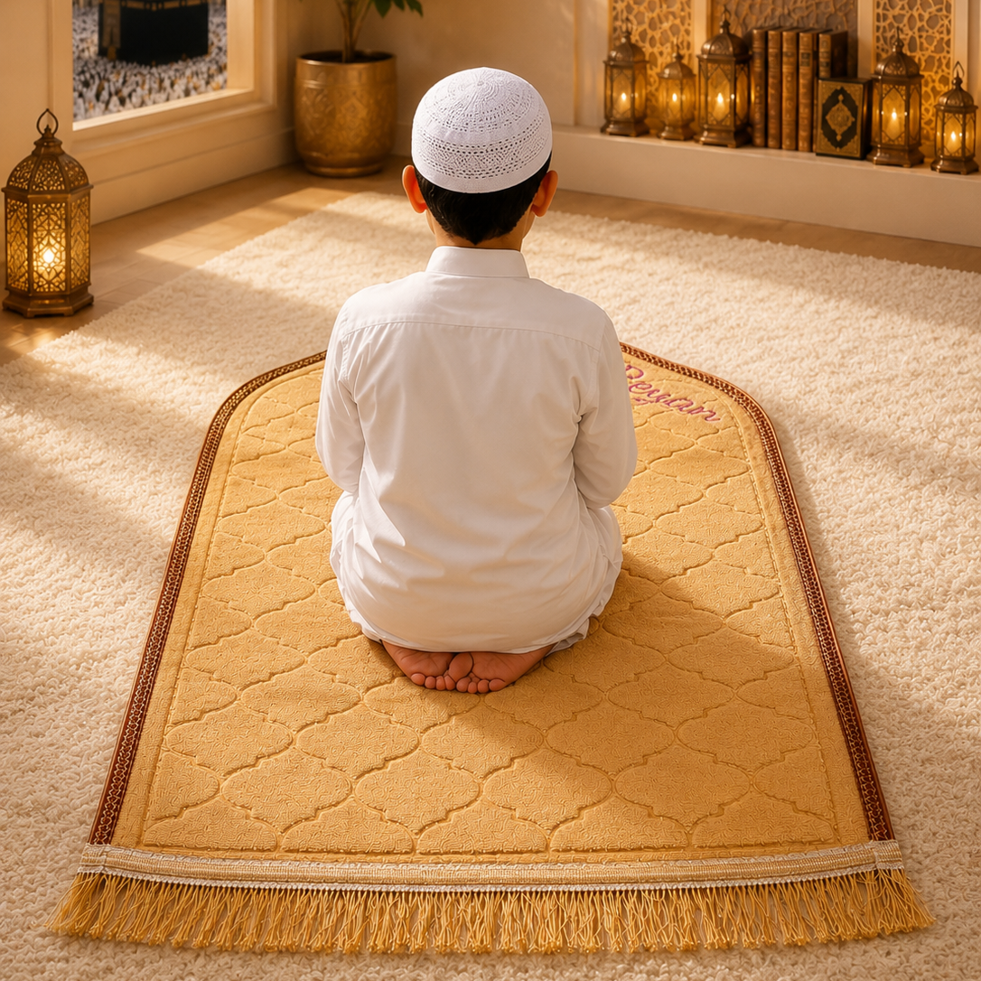 Person praying on a yellow prayer mat in a decorated room with lanterns and plants.