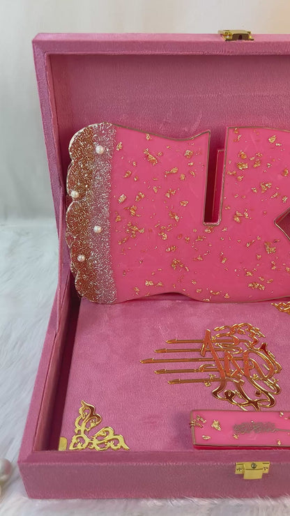 Blush Pink Couple Quran Hamper | Personalized Resin Islamic Gift Set with Couple Janamz
