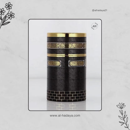 Elegant Kaba Design Cylinder Gift Box with Muslim Prayer Rug & Prayer Beads | Taffeta Fabric | Black & White
