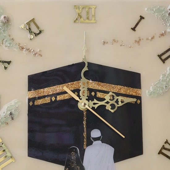 Handmade personalised Kaaba couple wall clock 12x12 inch, resin Islamic art with natural stones, customisable names and dates, perfect Islamic wedding or anniversary gift.