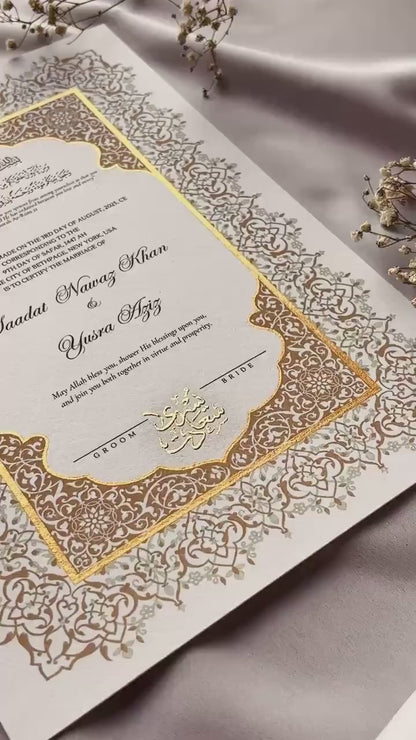 Luxury Gold Foil A3 Handpainted Nikah Certificate: Islamic Wedding Contract, Goldleaf Nikahnama, Arabic Names, Custom Muslim Marriage Certificate