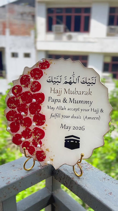 Luxury Personalized Hajj Mubarak Resin Frame Stand – Custom Hajj Return Gift for Parents & Loved Ones
