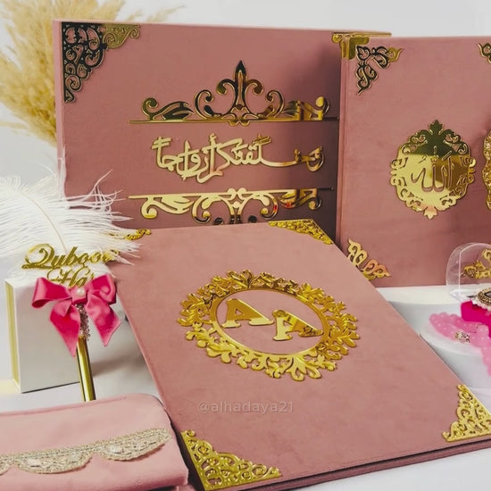 Bridal Hamper, Islamic wedding gift set, Pink Quran gift set, Personalized Quran gift, Velvet Quran set, Islamic prayer essentials, Luxury Quran gifts, Bride Quran hamper, Nikah gift box, Islamic gift set for her, Customizable Quran box, Islamic wedding hamper, Premium Quran hamper, Islamic gift for bride, Hadiya gift ideas, Personalized wedding gifts, barkat e jariya, turkish tasbih, Luxury Attar, Ittar, Nikah pen, Qubool hai pen, Nikah nama, nikah contract