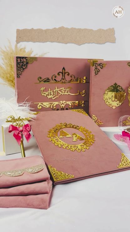 Bridal Hamper, Islamic wedding gift set, Pink Quran gift set, Personalized Quran gift, Velvet Quran set, Islamic prayer essentials, Luxury Quran gifts, Bride Quran hamper, Nikah gift box, Islamic gift set for her, Customizable Quran box, Islamic wedding hamper, Premium Quran hamper, Islamic gift for bride, Hadiya gift ideas, Personalized wedding gifts, barkat e jariya, turkish tasbih, Luxury Attar, Ittar, Nikah pen, Qubool hai pen, Nikah nama, nikah contract
