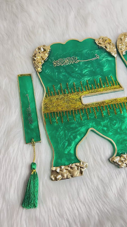 Premium Emerald Green Resin Art Quran Stand (Rehal) with Matching Bookmark