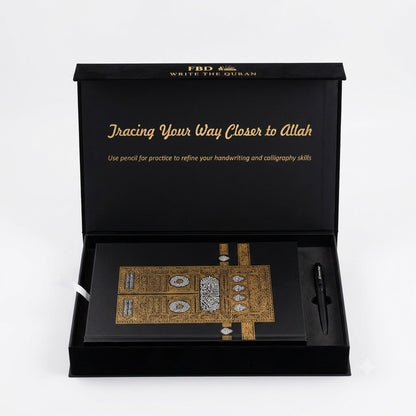 Reusable Arabic Quran Tracing Workbook with Calligraphy Pen for learning Quranic handwriting and Arabic calligraphy, featuring reusable tracing pages with authentic Quranic script and elegant Islamic design.