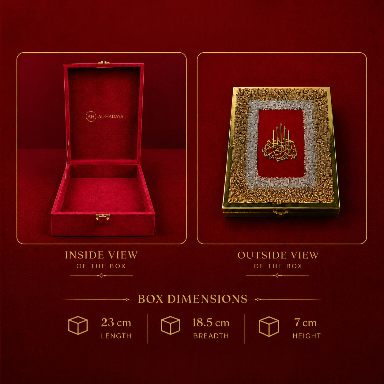 Red  box with gold interior, dimensions displayed on a red background