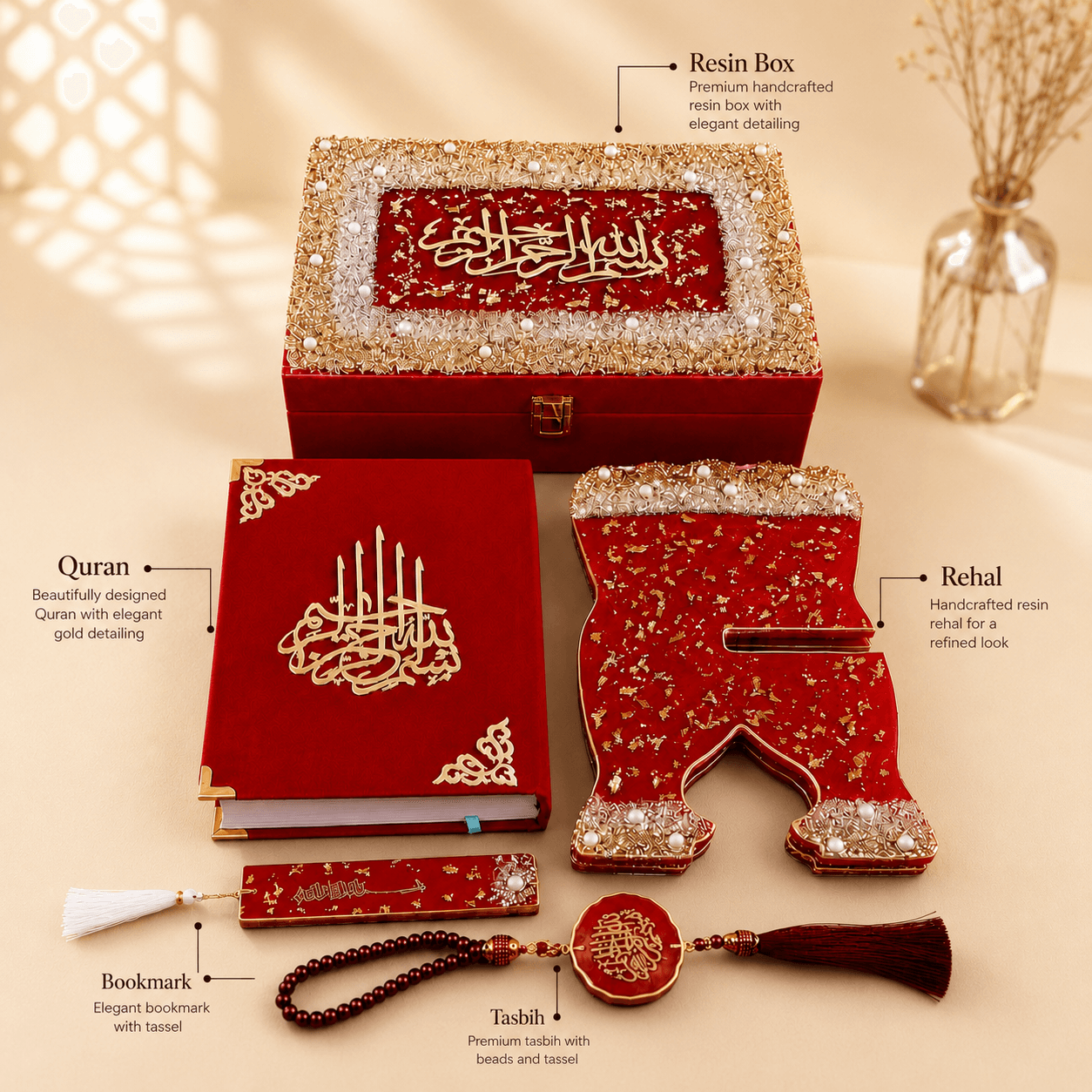Red Couple Quran Hamper | Resin Islamic Gift Set for Couple.