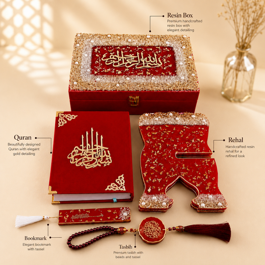 Red Couple Quran Hamper | Personalized Resin Islamic Gift Set for Couple