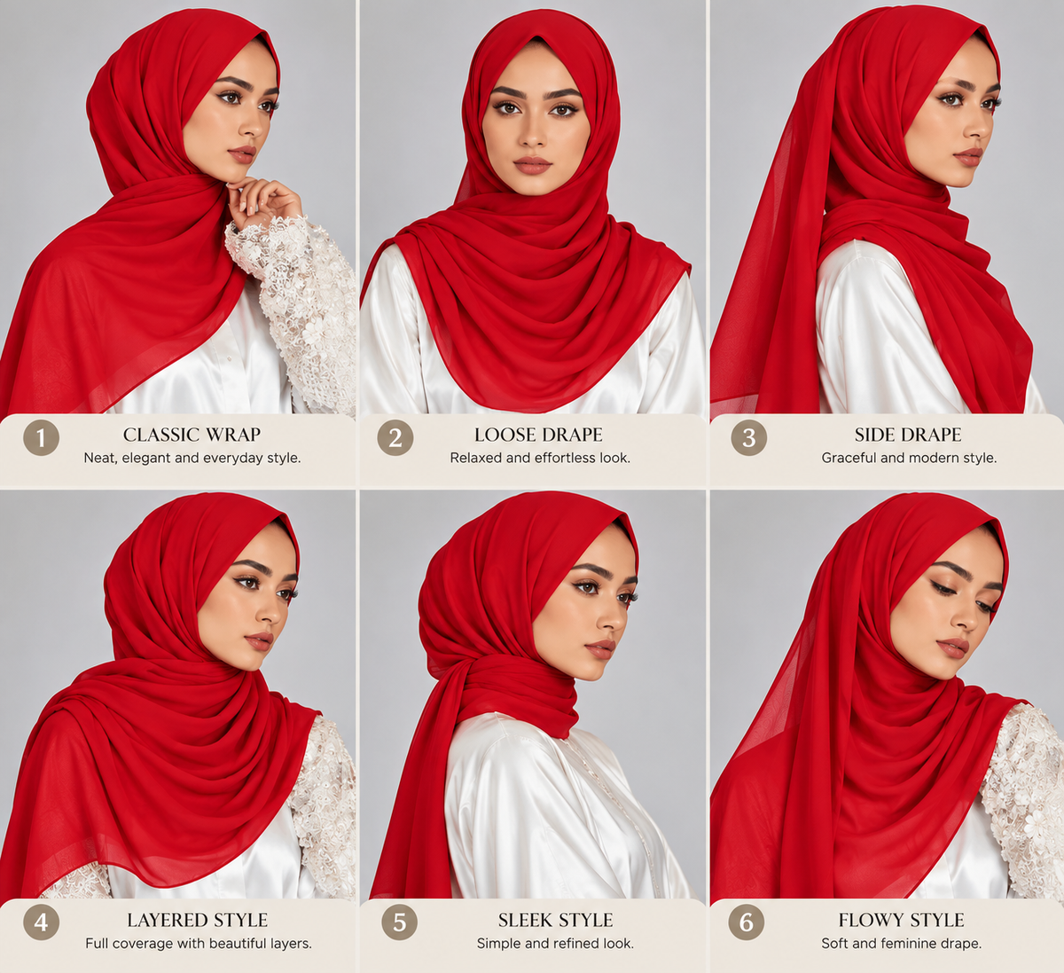 A six-panel collage showing a model wearing a bright red hijab in different styling styles: Classic Wrap, Loose Drape, Side Drape, Layered Style, Sleek Style, and Flowy Style. Each panel includes a numbered label and a small text description on a light beige background.