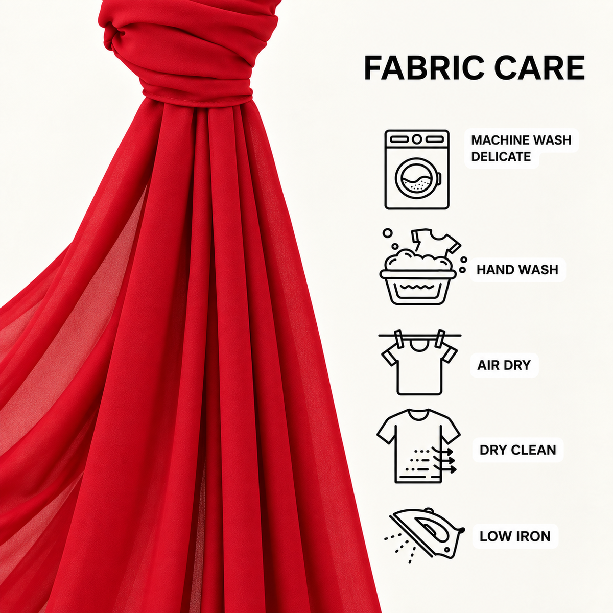 A red sheer fabric drape on a white background with a 'FABRIC CARE' infographic listing care instructions: machine wash delicate, hand wash, air dry, dry clean, and low iron.
