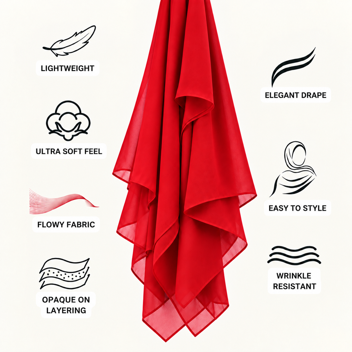 A red sheer scarf or shawl is shown hanging against a light cream background with feature icons and text around it, including Lightweight, Elegant Drape, Ultra Soft Feel, Flowy Fabric, Easy to Style, Opaque on Layering, and Wrinkle Resistant.