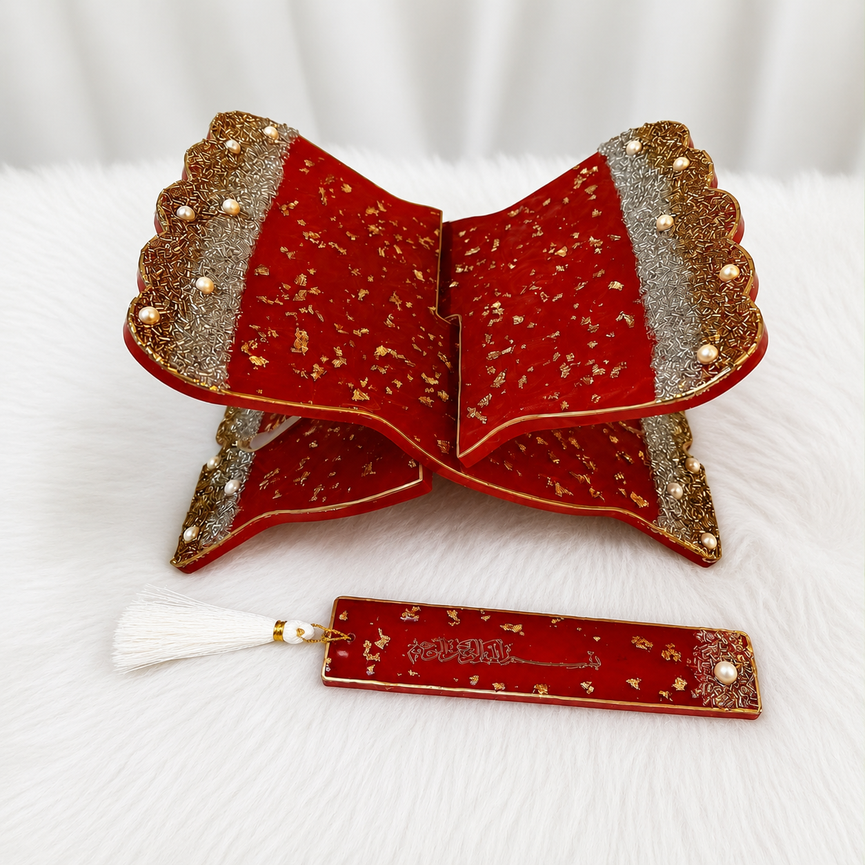 Red Shimmer Resin Rehal with Matching Bookmark | Premium Quran Stand