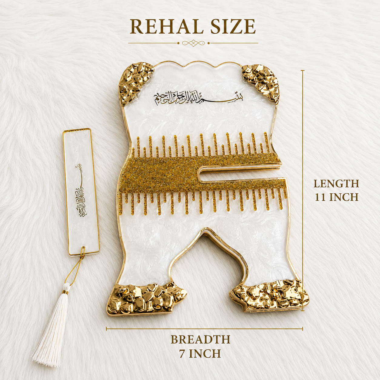 Premium Ivory & Gold Resin Art Quran Stand (Rehal) with Matching Bookmark