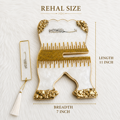 Premium Ivory & Gold Resin Art Quran Stand (Rehal) with Matching Bookmark